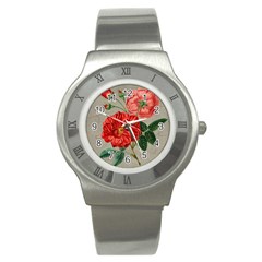 Flower Floral Background Red Rose Stainless Steel Watch by Nexatart