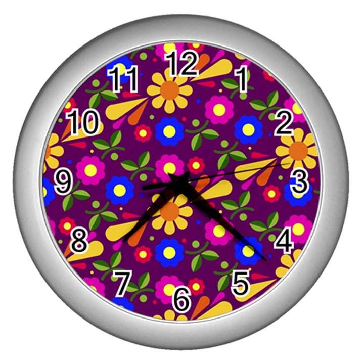 Flower Pattern Illustration Background Wall Clocks (Silver) 