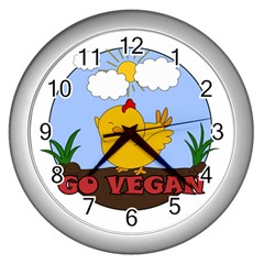 Go Vegan - Cute Chick  Wall Clocks (silver)  by Valentinaart