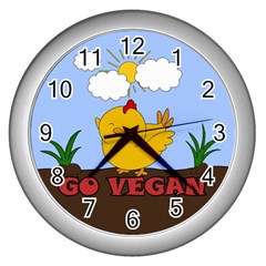 Go Vegan - Cute Chick  Wall Clocks (silver)  by Valentinaart