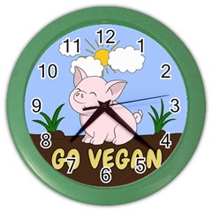 Go Vegan - Cute Pig Color Wall Clocks by Valentinaart