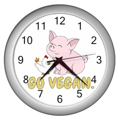 Go Vegan - Cute Pig And Chicken Wall Clocks (silver)  by Valentinaart