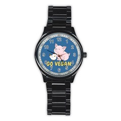 Go Vegan - Cute Pig And Chicken Stainless Steel Round Watch by Valentinaart