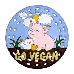 Go Vegan - Cute Pig And Chicken Round Filigree Ornament (two Sides) by Valentinaart