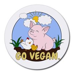 Go Vegan - Cute Pig And Chicken Round Mousepads by Valentinaart