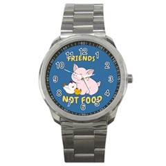Friends Not Food - Cute Pig And Chicken Sport Metal Watch by Valentinaart