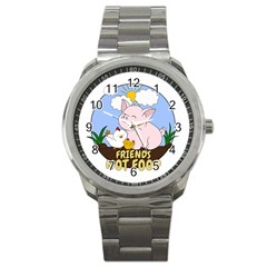 Friends Not Food - Cute Pig And Chicken Sport Metal Watch by Valentinaart