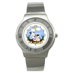 Friends Not Food - Cute Cow, Pig And Chicken Stainless Steel Watch by Valentinaart