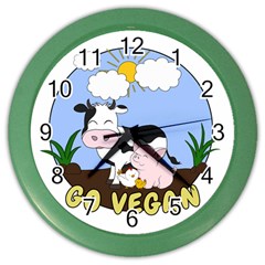Friends Not Food - Cute Cow, Pig And Chicken Color Wall Clocks by Valentinaart