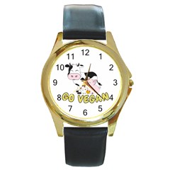 Friends Not Food - Cute Cow, Pig And Chicken Round Gold Metal Watch by Valentinaart