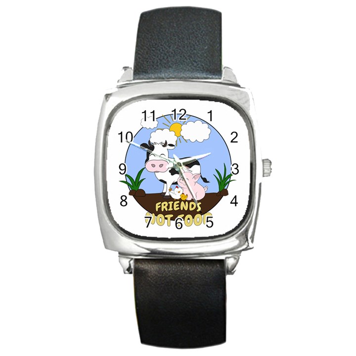 Friends Not Food - Cute Cow, Pig and Chicken Square Metal Watch