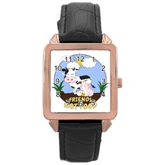 Friends Not Food - Cute Cow, Pig And Chicken Rose Gold Leather Watch  by Valentinaart