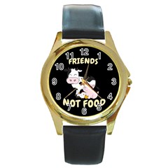 Friends Not Food - Cute Cow, Pig And Chicken Round Gold Metal Watch by Valentinaart