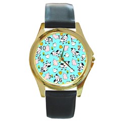 The Farm Pattern Round Gold Metal Watch by Valentinaart