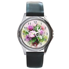 Flowers Roses Bouquet Art Nature Round Metal Watch