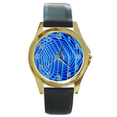 Blue Background Light Glow Abstract Art Round Gold Metal Watch