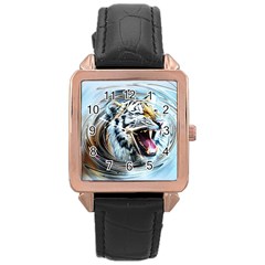 Tiger Animal Art Swirl Decorative Rose Gold Leather Watch 