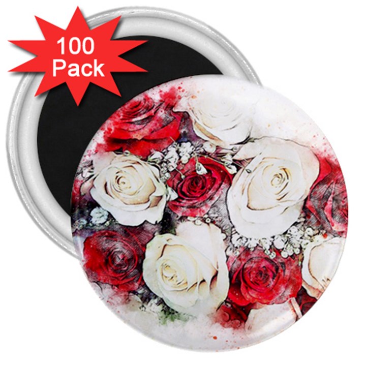 Flowers Roses Bouquet Art Nature 3  Magnets (100 pack)