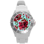 Roses Blue Round Plastic Sport Watch (L) Front