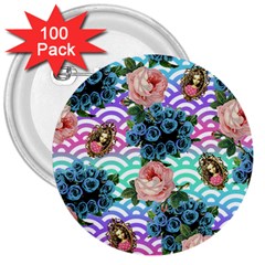 Floral Waves 3  Buttons (100 Pack)  by snowwhitegirl