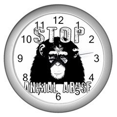 Stop Animal Abuse - Chimpanzee  Wall Clocks (silver)  by Valentinaart