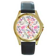 Purple And Pink Cute Floral Pattern Round Gold Metal Watch