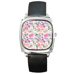 Purple And Pink Cute Floral Pattern Square Metal Watch