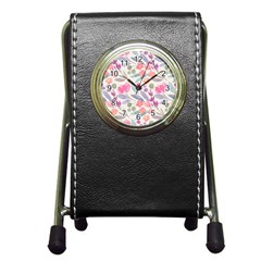 Purple And Pink Cute Floral Pattern Pen Holder Desk Clocks by paulaoliveiradesign