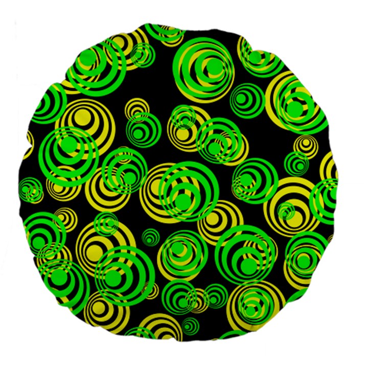 Neon yellow and Green Circles on Black Large 18  Premium Flano Round Cushions