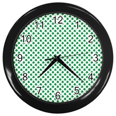 Green Shamrock Clover On White St  Patrick s Day Wall Clocks (black) by PodArtist