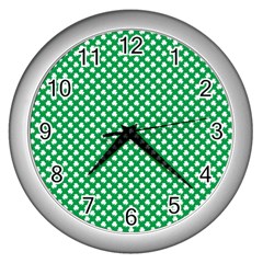  White Shamrocks On Green St  Patrick s Day Ireland Wall Clocks (silver)  by PodArtist