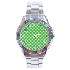 White Heart-shaped Clover On Green St  Patrick s Day Stainless Steel Analogue Watch by PodArtist