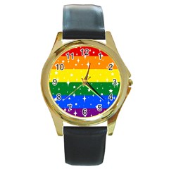 Sparkly Rainbow Flag Round Gold Metal Watch