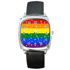 Sparkly Rainbow Flag Square Metal Watch