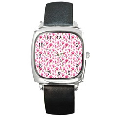 Watercolor Spring Flowers Pattern Square Metal Watch