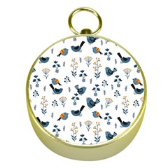 Spring Flowers And Birds Pattern Gold Compasses