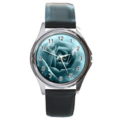 Beautiful Blue Roses With Water Drops Round Metal Watch by FantasyWorld7
