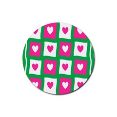 Pink Hearts Valentine Love Checks Rubber Coaster (round)  by Nexatart