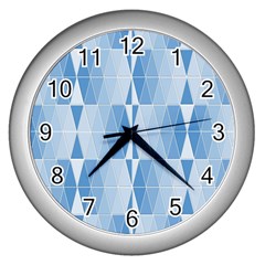 Blue Monochrome Geometric Design Wall Clocks (silver)  by Nexatart