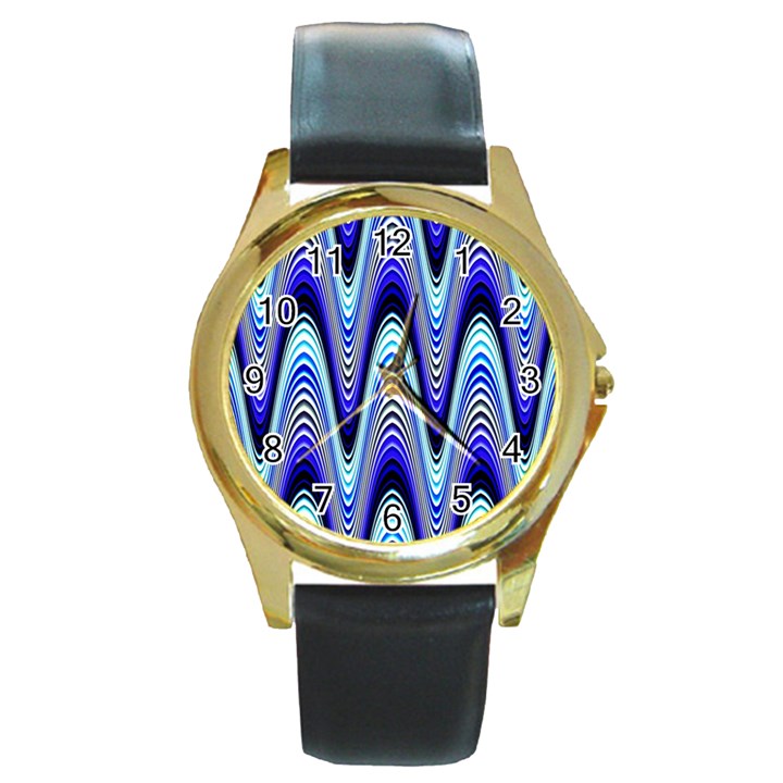 Waves Wavy Blue Pale Cobalt Navy Round Gold Metal Watch