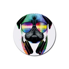 Dj Pug Cool Dog Rubber Round Coaster (4 Pack)  by alexamerch