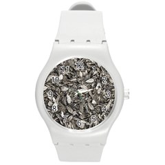 Black And White Leaves Pattern Round Plastic Sport Watch (m) by dflcprints