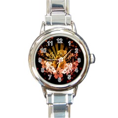 Cute Little Tiger With Flowers Round Italian Charm Watch by FantasyWorld7