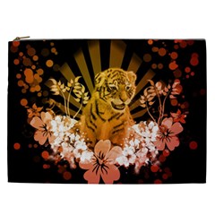 Cute Little Tiger With Flowers Cosmetic Bag (xxl)  by FantasyWorld7