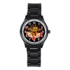 Cute Little Tiger With Flowers Stainless Steel Round Watch by FantasyWorld7