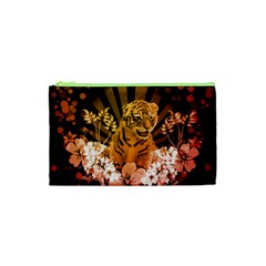 Cute Little Tiger With Flowers Cosmetic Bag (xs) by FantasyWorld7