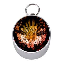 Cute Little Tiger With Flowers Mini Silver Compasses by FantasyWorld7