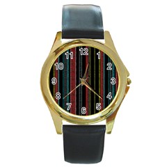 Multicolored Dark Stripes Pattern Round Gold Metal Watch by dflcprints