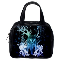 Amazing Wolf With Flowers, Blue Colors Classic Handbags (one Side) by FantasyWorld7