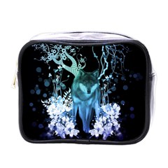 Amazing Wolf With Flowers, Blue Colors Mini Toiletries Bags by FantasyWorld7